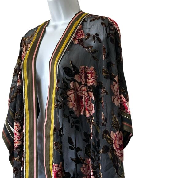 Aratta Silent Journey Viola Burnout Velvet Kimono Floral Rose Stripe Boho One Sz - Picture 8 of 15